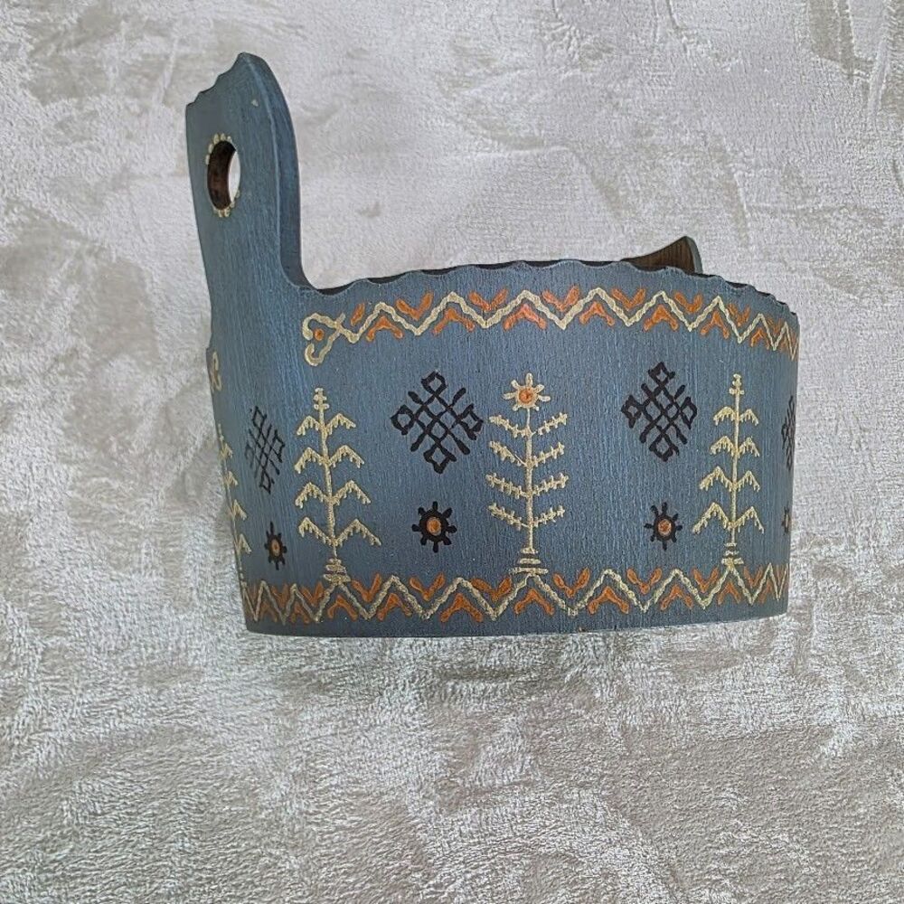 ANRI Wooden Bowl Hand Painted Folk Art Rustic Floral Italian Nut Bowl Blue VTG